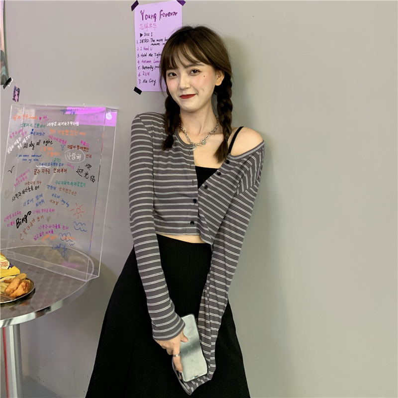 Early spring simple and versatile cotton short stripe sunscreen cardigan