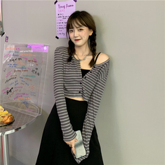 Early spring simple and versatile cotton short stripe sunscreen cardigan