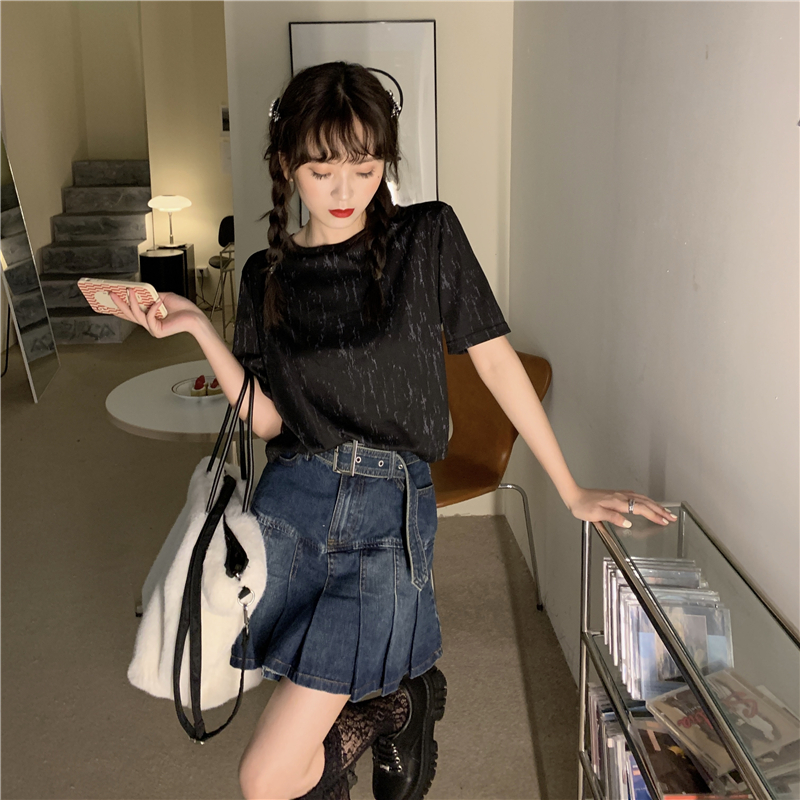 Real price real shot care unit drawstring open back drooping short sleeve T-shirt