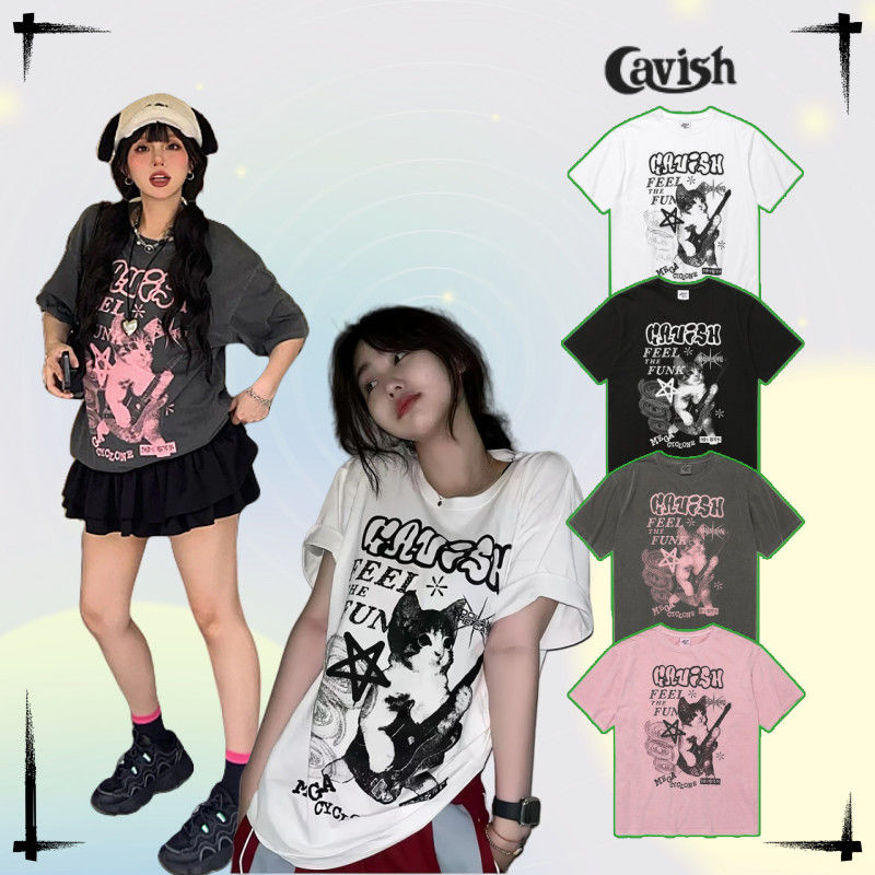 韩国正品原版CAVISH吉他猫咪涂鸦短袖Twice同款情侣百搭T恤夏