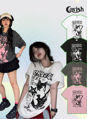 韩国正品原版CAVISH吉他猫咪涂鸦短袖Twice同款情侣百搭T恤夏