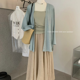 5590 吊带背心麻a字半裙套装 巧巧东大门防晒棉麻长袖 飘逸绿色开衫