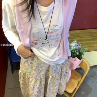 韩国防晒长袖 韩版 宽松卡通可爱猫咪印花T恤衫 978 T恤十三行夏季