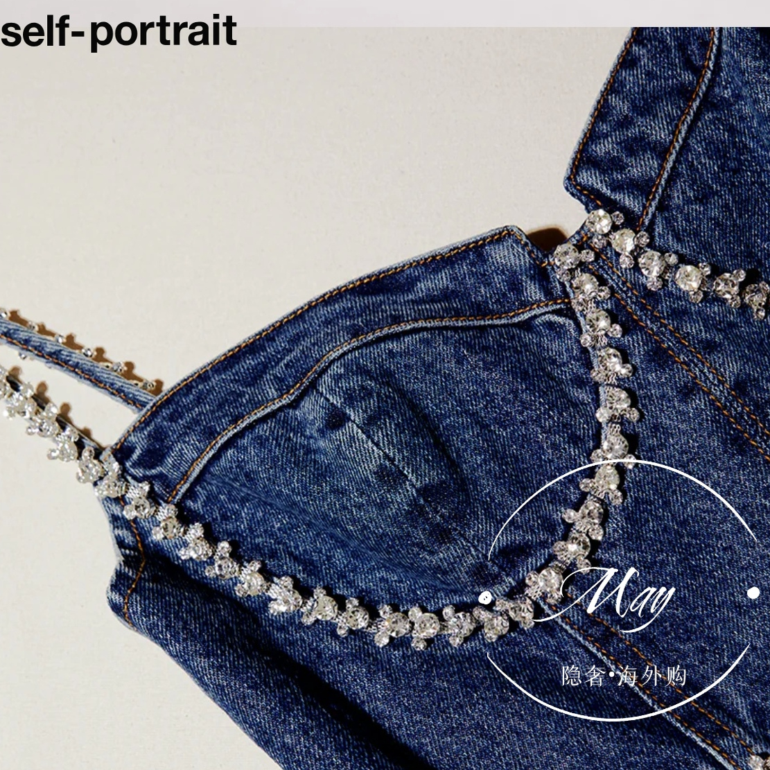 MAY代购 明星同款 self-Portrait 吊带水钻牛仔迷你连衣裙