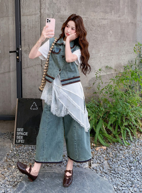 现货 港风做旧复古牛仔夏季马甲蕾丝T阔腿三件套#6265 P235-K378