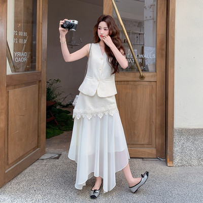 2026V领马甲蕾丝拼雪纺半身裙套装6262#P155-K268