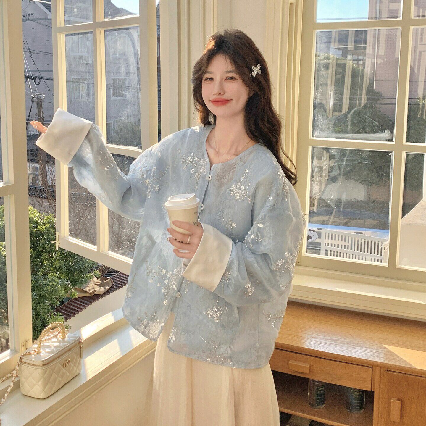 国风网纱双层刺绣绣珠休闲款外套仙气上衣 W430 p185 k298