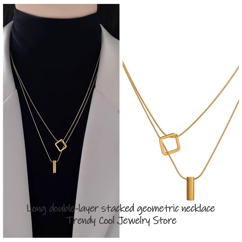 毛衣链女高级感轻奢小众项链秋冬长款双层叠戴几何百搭金色锁骨链
