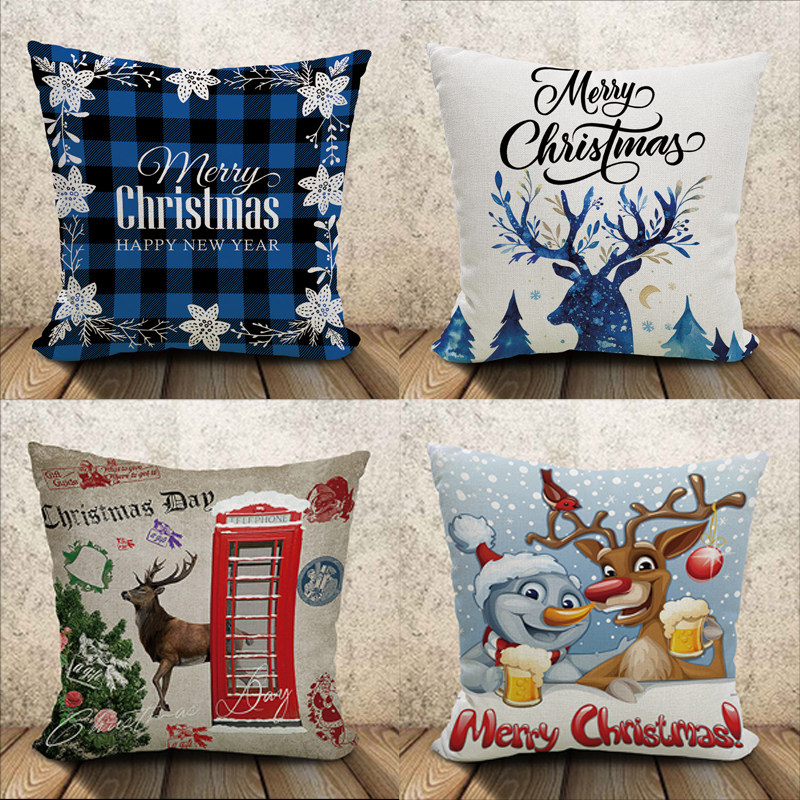 新款圣诞节亚麻抱枕沙发客厅办公午睡靠枕套印花家居车载装饰枕头