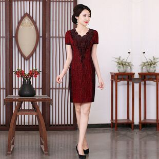 夏天新款短袖中老年婚礼服新娘妈妈装优雅老太太高弹力冰丝水晶麻