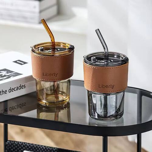 竹节杯带盖玻璃杯耐高温杯子定制logo礼品办公室水杯吸管杯咖啡杯