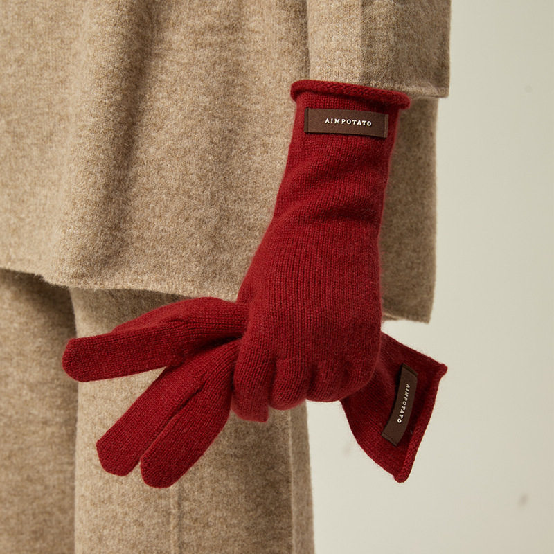 秋冬羊毛手套女冬季日系保暖软糯纯色花边针织五指可触屏手套