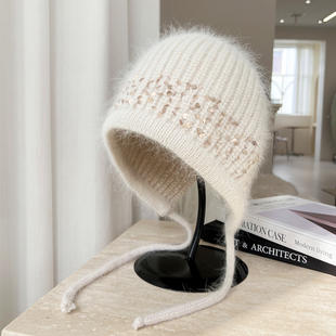 手工亮片安哥拉兔毛针织帽女冬季加厚保暖护耳后开叉漏马尾毛线帽