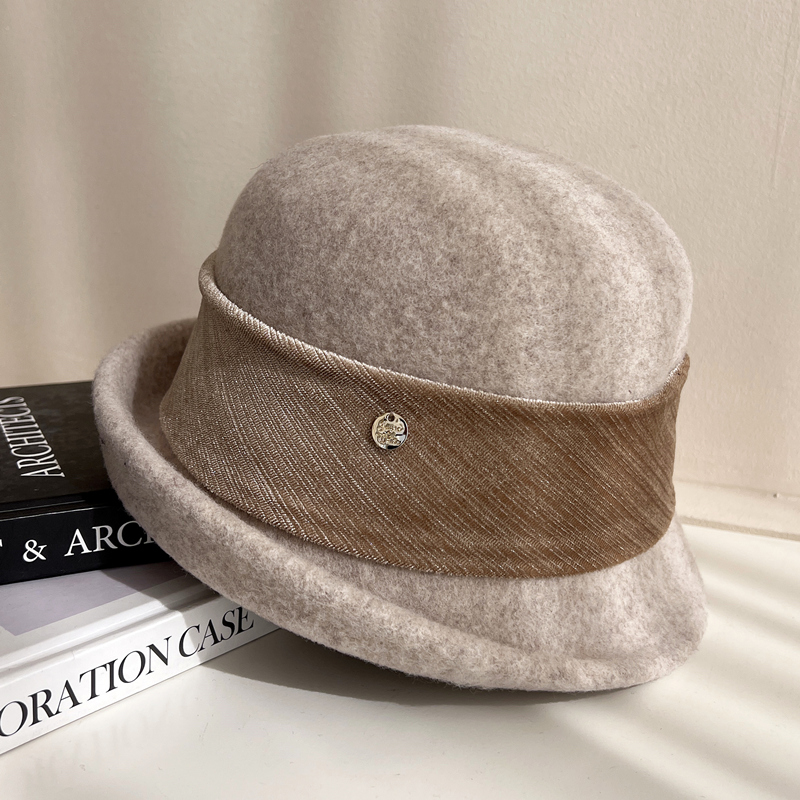 高级绸带翻沿羊毛盆帽女秋冬法式复古卷边礼帽时尚保暖优雅渔夫帽