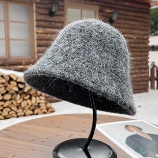 韩版拉毛羊毛渔夫帽子女冬季保暖显脸小百搭软奶系盆帽可折叠防寒