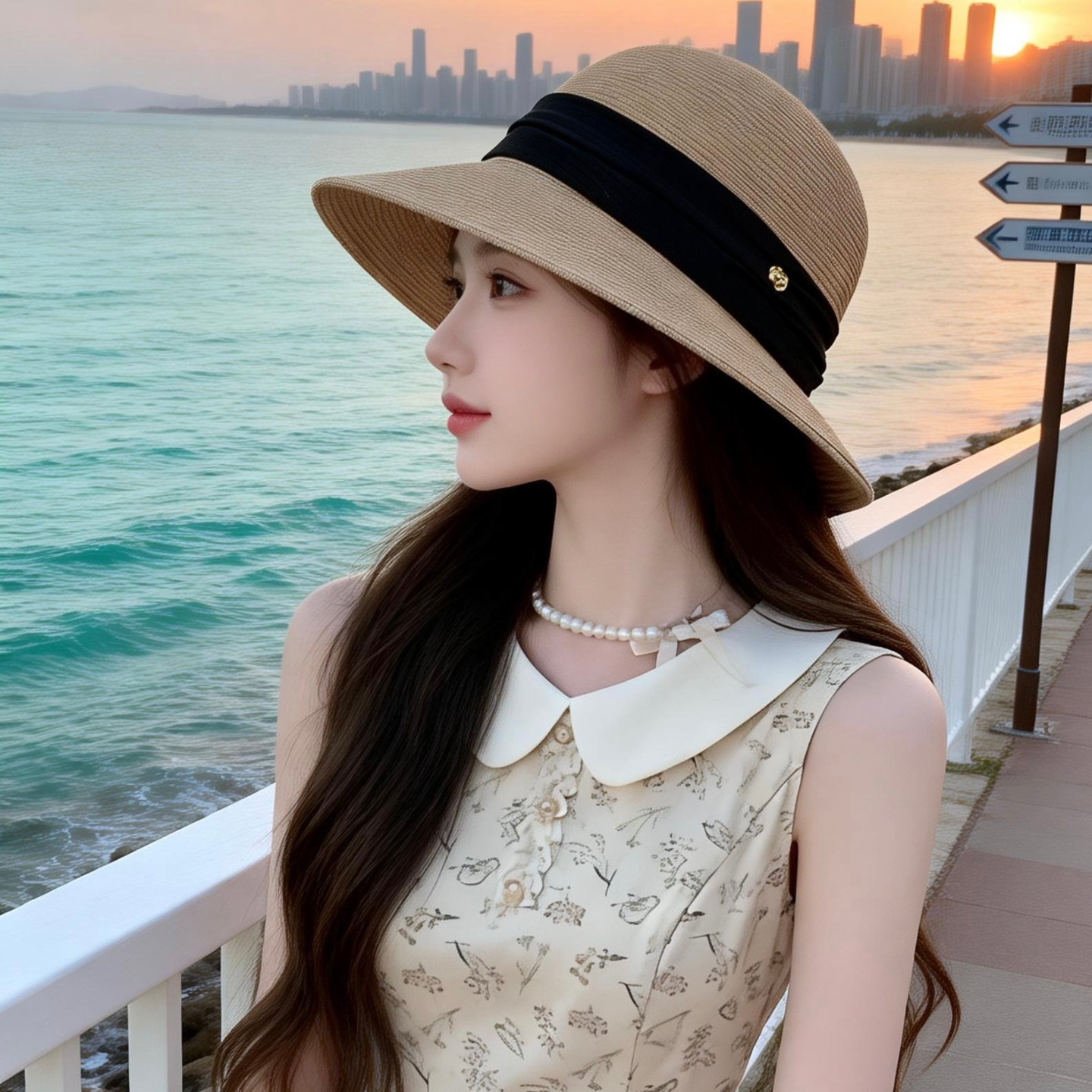 法式草帽女夏新山茶花蝴蝶结遮阳帽子可折叠街头时尚沙滩防晒帽潮