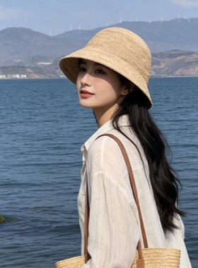 日系特细拉菲草渔夫帽女夏度假帽
