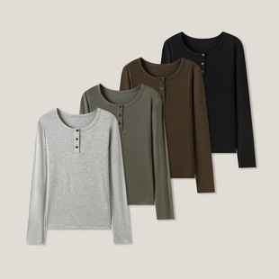 29H 圆领T恤打底衫 百搭针织三粒扣长袖 SS26355 时尚