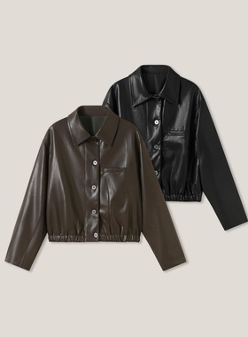 3-5F B 时尚气质纯色单排扣腰带长袖皮外套上衣SS26341