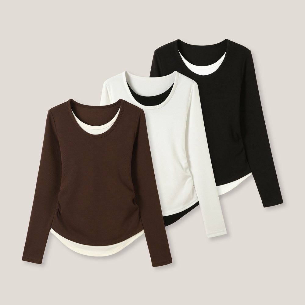 12-7H C 撞色假两件圆领修身显瘦简约长袖打底衫T恤ss26495