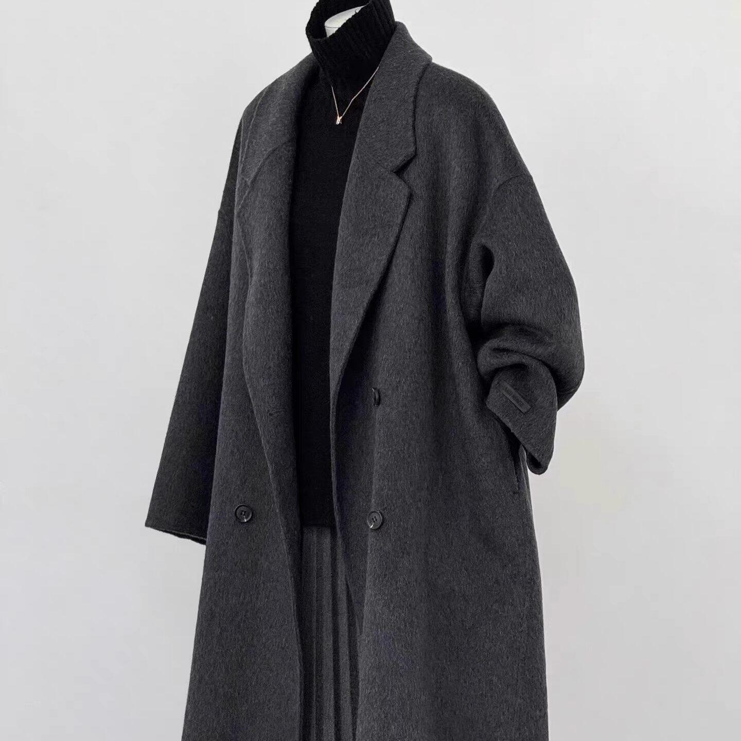 双面羊绒大衣女2025秋冬新款黑灰色韩系宽松中长款高端羊毛呢外套