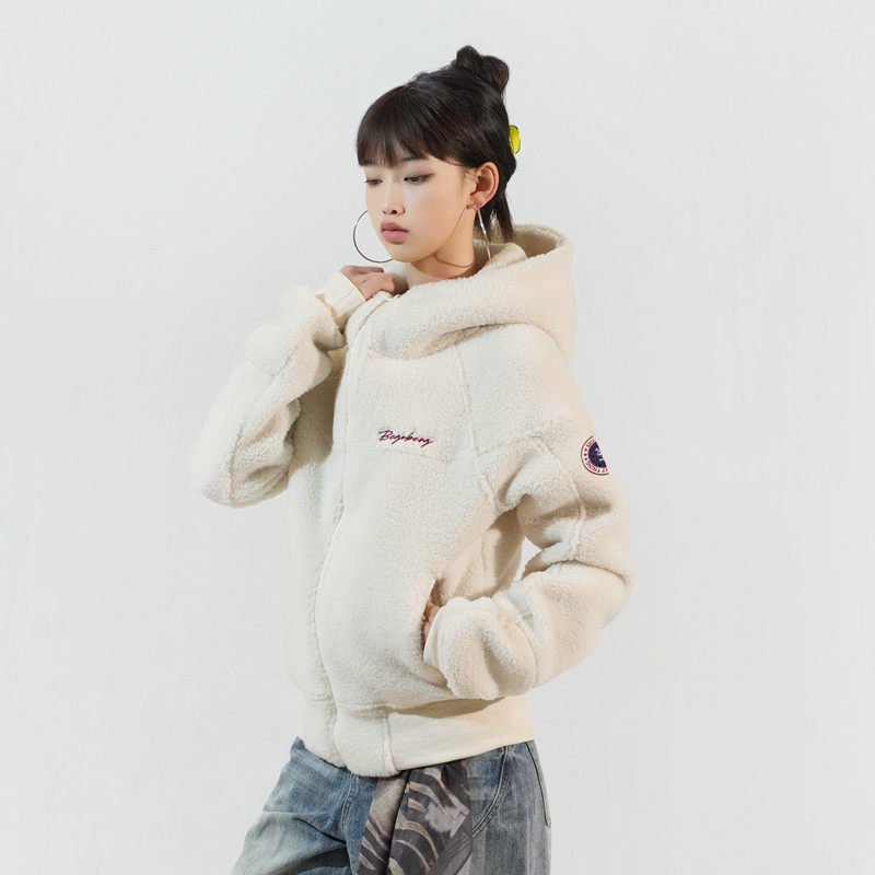 baest美式复古羊羔绒短款外套女宽松保暖加厚慵懒感秋冬连帽上衣