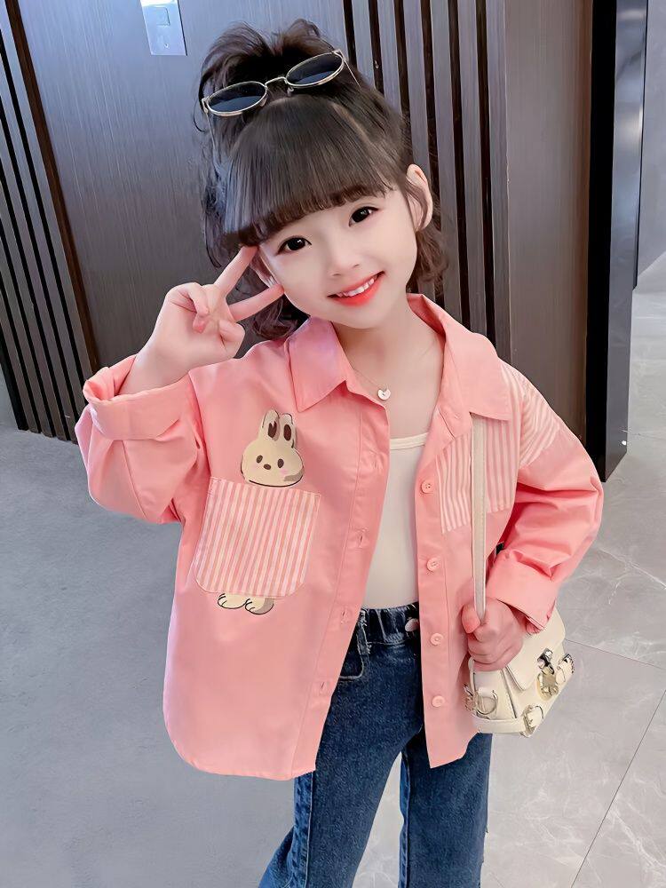 女童衬衫春秋外穿全棉长袖2024新款小童洋气宝宝儿童印花时尚衬衣