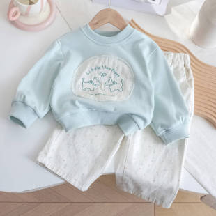 阔腿碎花裤 韩国女童早秋卫衣套装 衫 刺绣卡通狗狗百搭长袖 2024新款