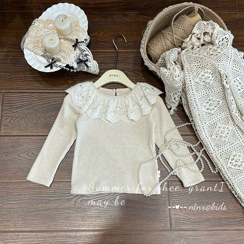 春秋女童蕾丝花边打底衫女宝荷叶领衬衣公主衬衫娃娃衫