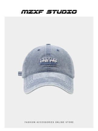 Korean-Style Vintage Washed Denim Baseball Cap with Lettering, Contrasting Embroidery, Versatile, Face-Slimming, Soft-Brimmed Duckbill Hat for Men, Trendy