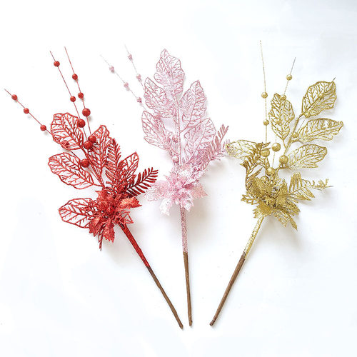 圣诞节装饰品金粉花百合装饰树枝圣诞树插件气氛用品仿真树枝插枝