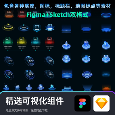 数据可视化平台大屏2.5D素材UI组件图标弹窗底座科技figma+sketch