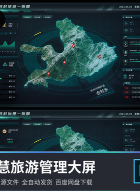 数据可视化大屏智慧乡村管理旅游数据分析绿色大屏psd分层源文件
