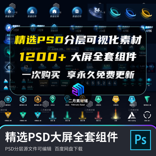精选1200+数据可视化大屏组件边框图标弹窗地图科技素材psd源文件