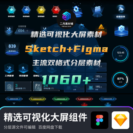 数据可视化大屏UI组件库弹窗按钮图表科技可编辑素材figma/sketch