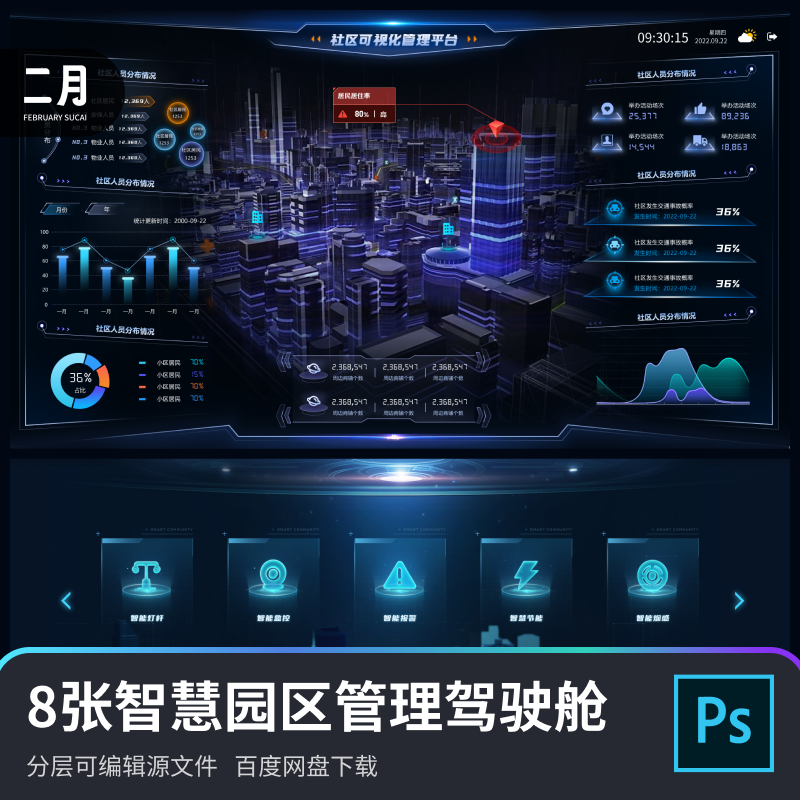 8张智慧园区数据可视化大屏智慧城市科技驾驶舱psd素材分层源文件