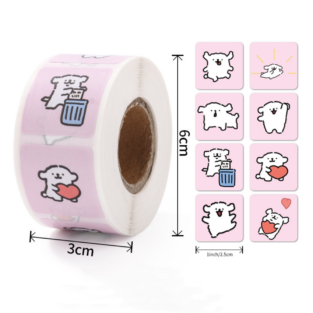 500PCS/卷卡通狗方形封口贴铜版纸不干胶小红书 ins修勾贴纸贴画