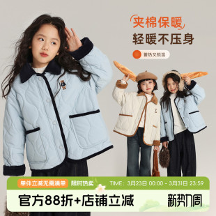 布丁哈鲁童装 女童灯芯绒外套2026棉衣小熊翻领棉服秋冬中大童 秋装