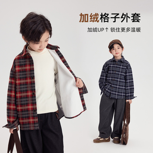 布丁哈鲁冬装男童童装百搭上衣2026秋冬季新款儿童加绒格子外套