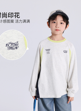 布丁哈鲁春装男童纯棉上衣2026春季新款儿童运动休闲撞色长袖T恤