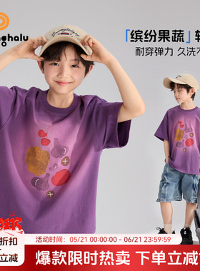布丁哈鲁夏装男童童装洋气上衣2026夏季新款儿童潮酷紫色印花T恤
