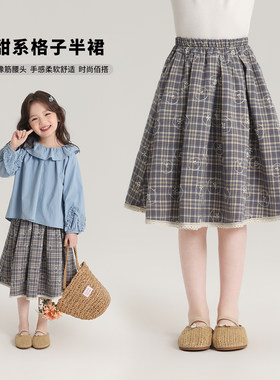 布丁哈鲁童装春装女童休闲裙子2026春秋新款儿童洋气格子半身短裙