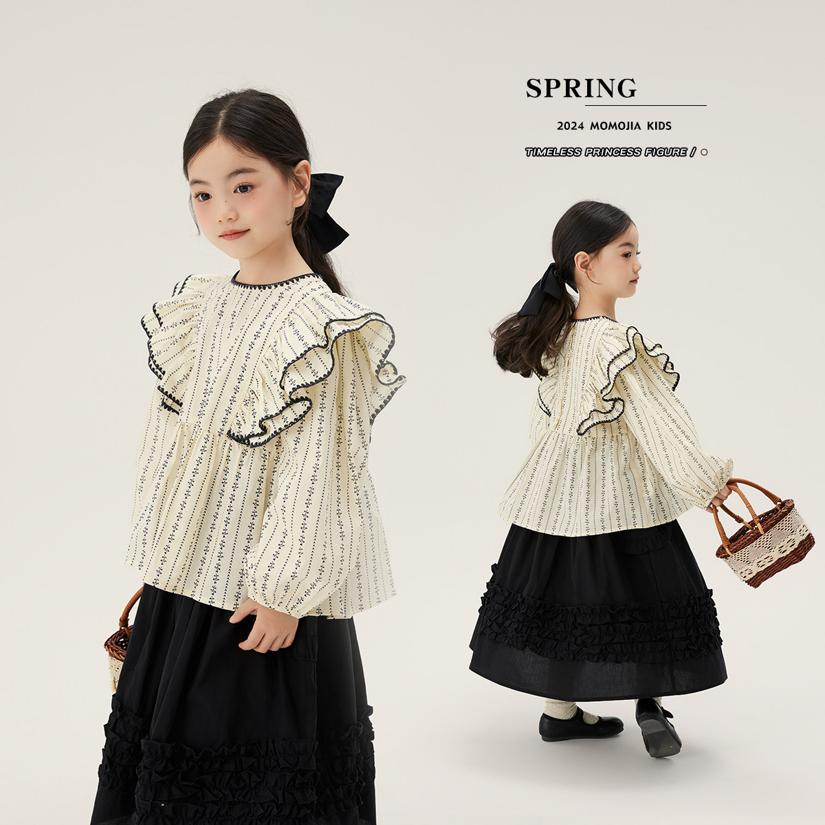 布丁哈鲁春装女童上衣2026春秋季新款儿童洋气宝宝衬衫花边小飞袖