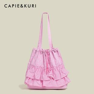 【天锚国际】可爱学院风格子帆布包女大容量学生上课通勤花边托托