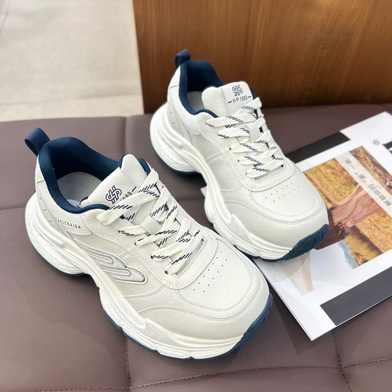 实体同款!2025新款厚底老爹鞋复古休闲鞋系带真皮拼接白色运动鞋