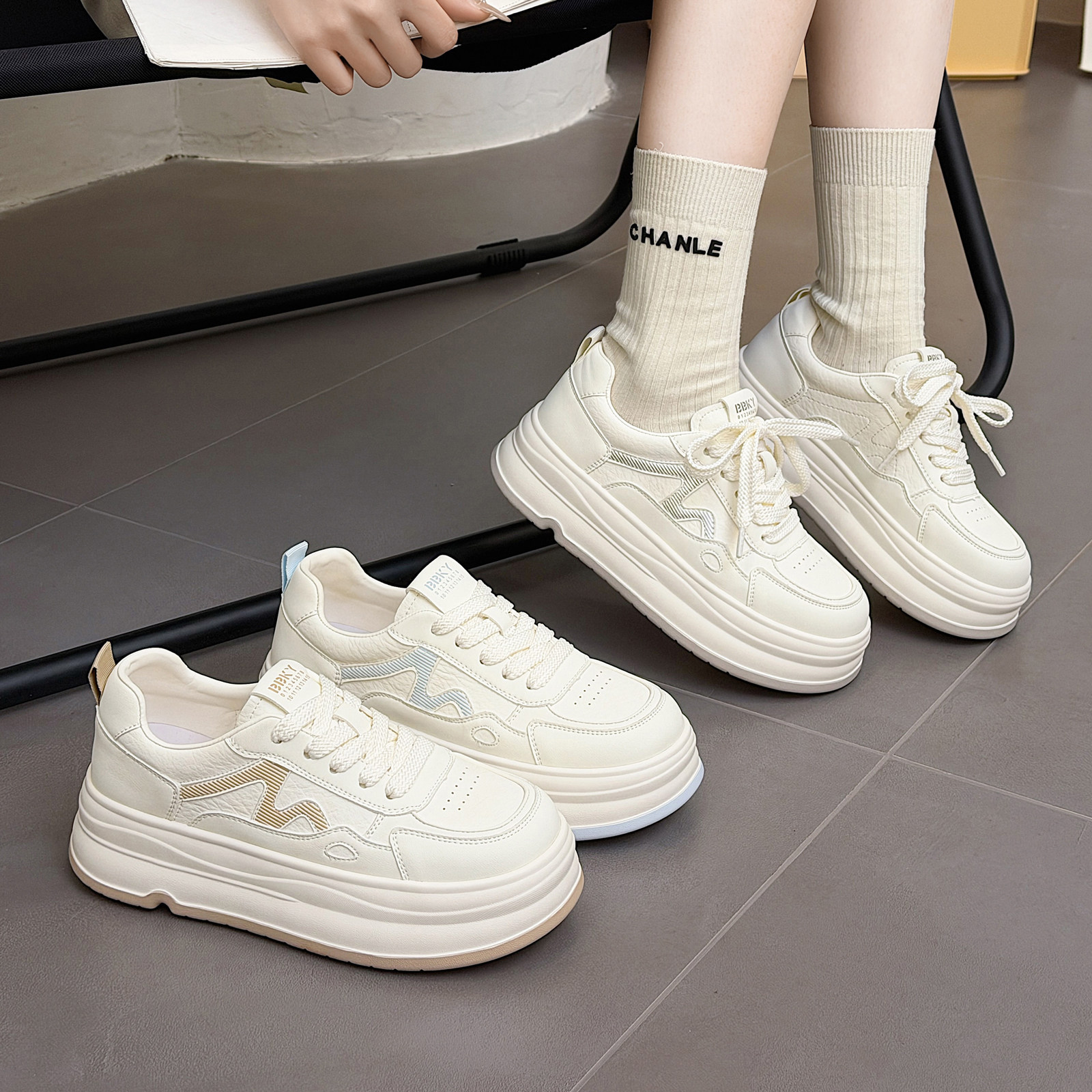 实体同款！2026春季新款松糕底小白鞋女厚底增高百搭休闲真皮板鞋,女鞋,休闲板鞋,淘宝优惠券,粉丝福利购,淘宝优惠卷