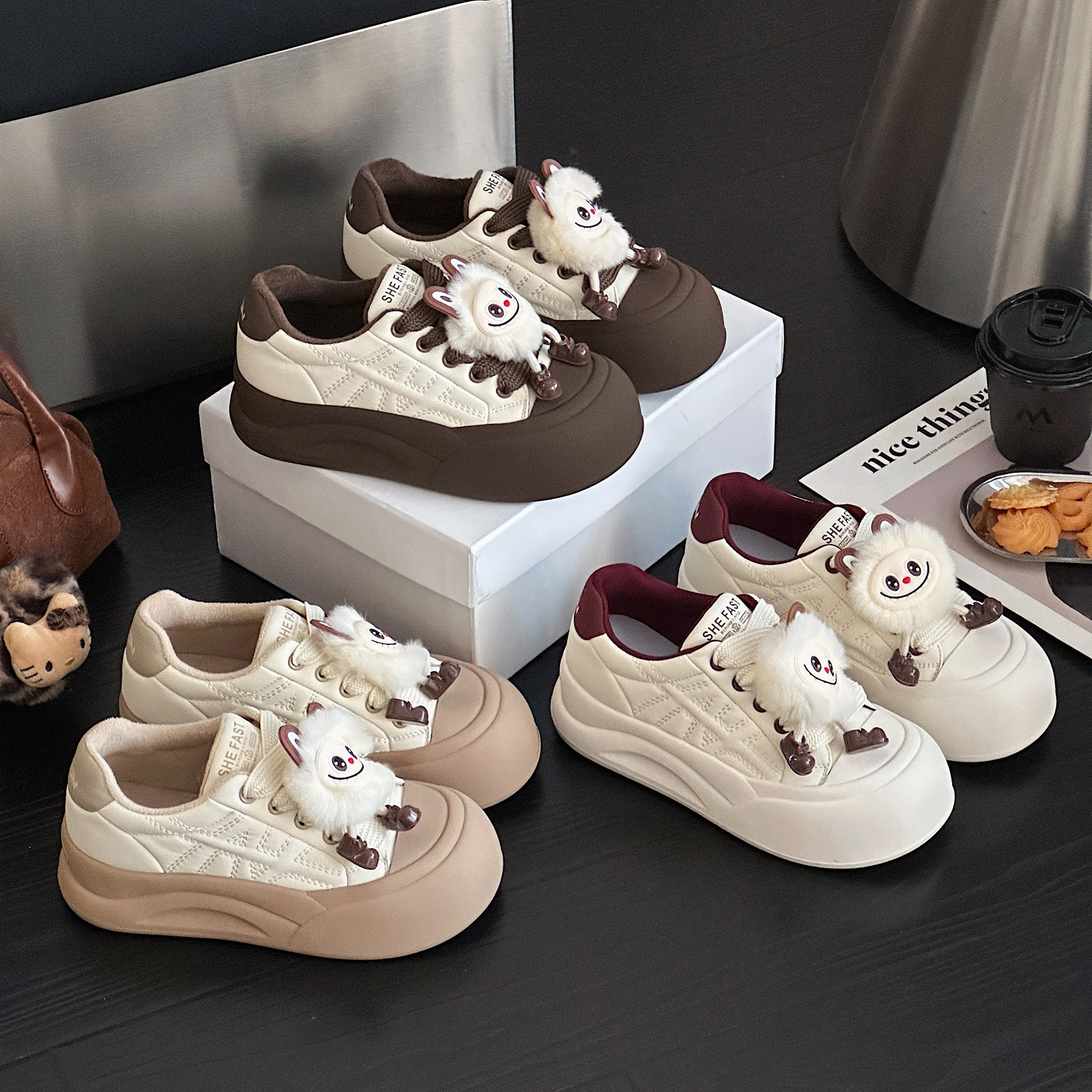 实体同款！2025新款丑萌娃娃头厚底面包鞋女冬季加绒休闲板鞋百搭