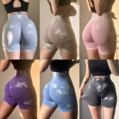 瑜伽裤 欧美高腰健身短裤 蜜桃臀训练显臀大扎染紧身运动收腹三分裤