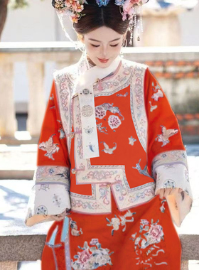 满族女清代印花古装清朝延吉公主旗袍宫廷格格服两件套旅拍服装女