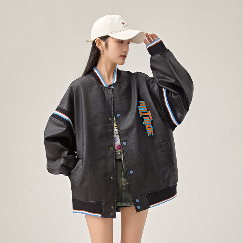 高级感拼接宽松棒球服PU皮衣外套女2025春秋季新款美式复古皮夹克